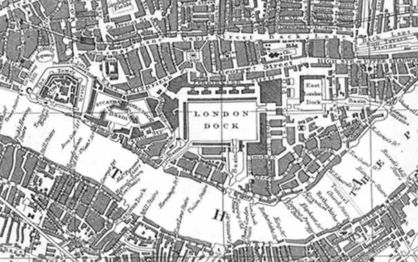 Antiguo mapa de Londres donde se ve Wapping