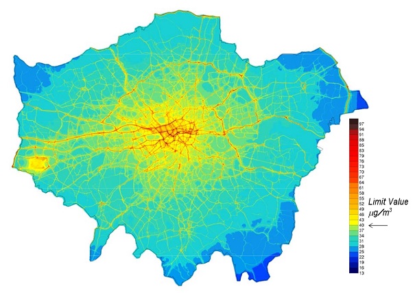 Mapa de NO2 en Londres en 2008