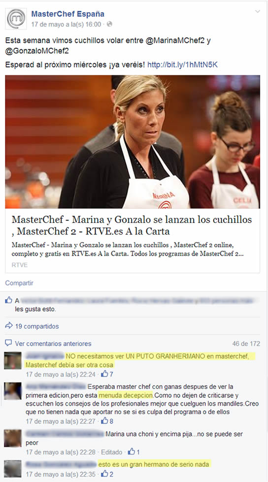 Comentarios en Facebook MasterChef España