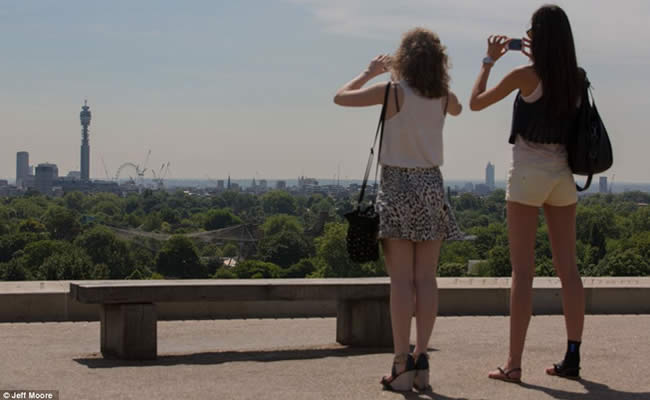 Chicas contemplando skyline de Londres bajo el sol