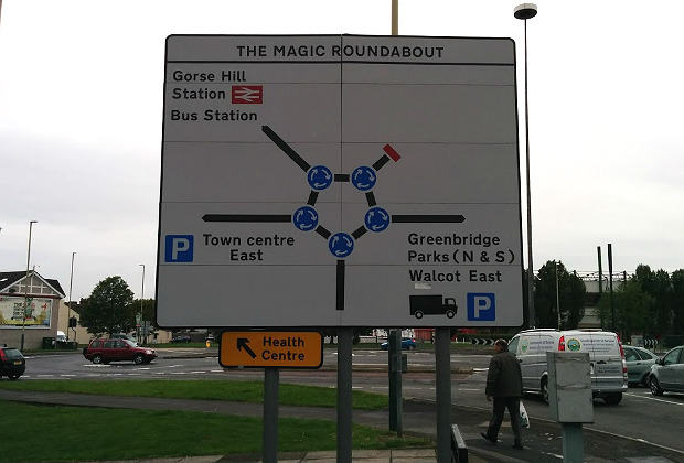 Señal de The Magic Roundabout en Swindon